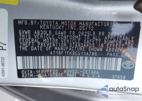 2012 Toyota Camry Se z USA, uszkodzony, nr VIN 4T1BF1FK9CU114786